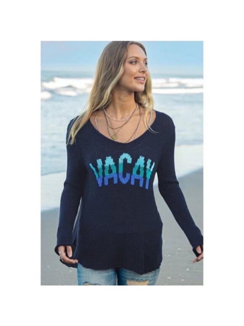 Wooden Vacay V Neck Sweater X/S Blue Turquoise Beach Resortwear Travel Coastal